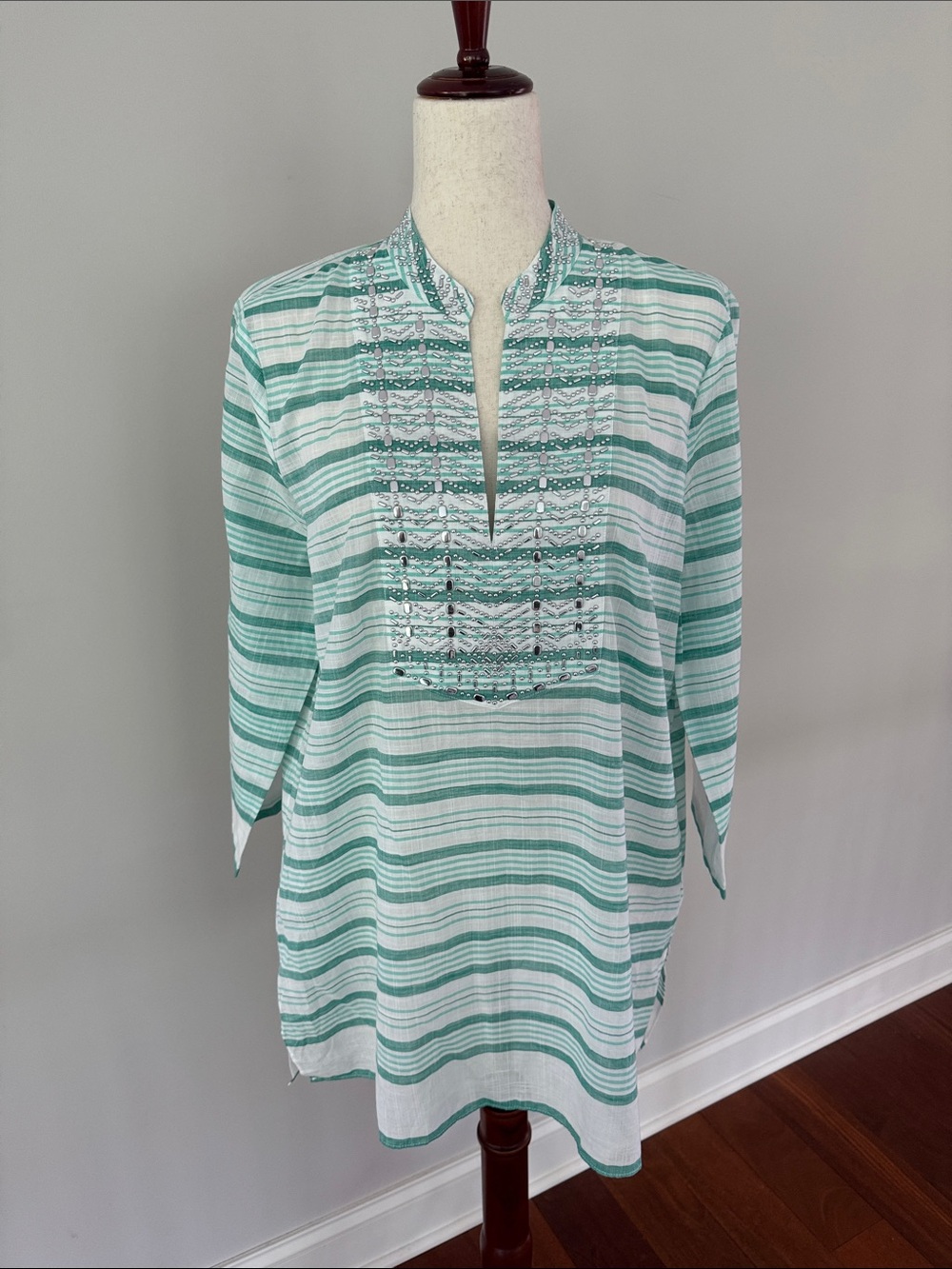 Michael Kors Mint and White Striped Embroidered Tunic